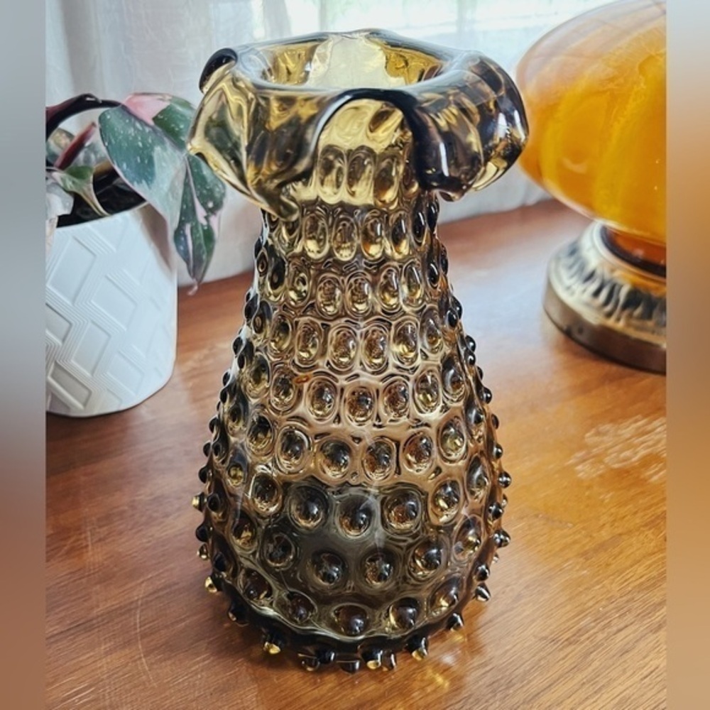 Vintage Empoli Smoke Glass Vase | Hobnail Spiked Split Rim | Made in Italy
